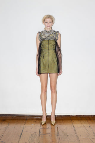 HAND-EMBELLISHED MINI DRESS IN BROCADE AND SATIN