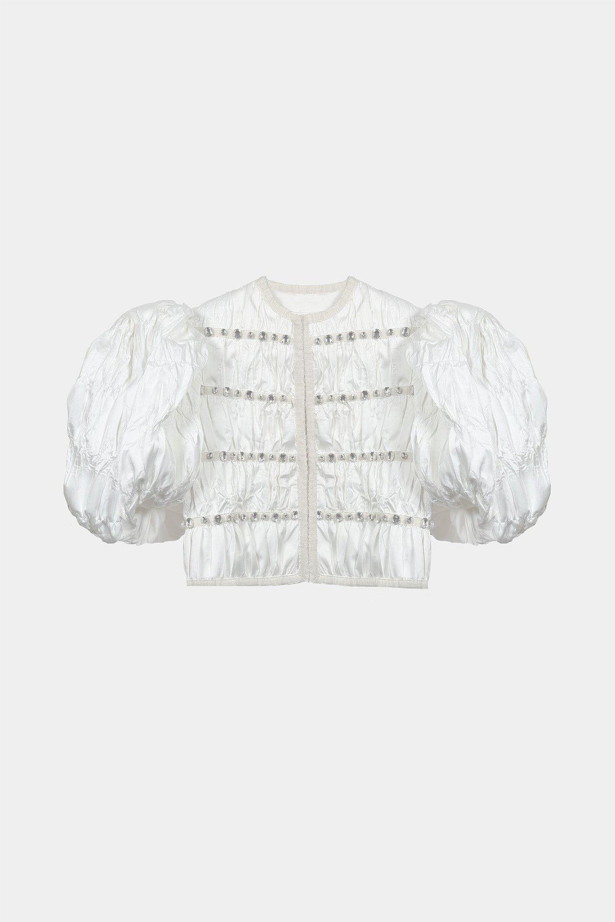 HAND-EMBELLISHED PUFF-SLEEVE JACKET IN HAND-CRUSHED SATIN