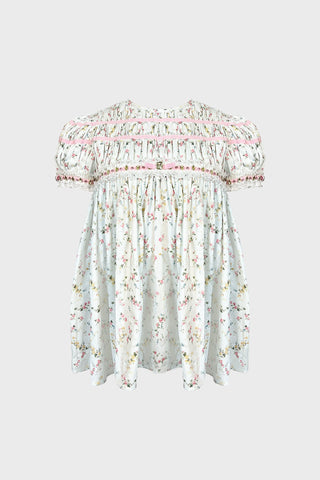 HAND-EMBELLISHED PUFF-SLEEVE TOP IN PRINTED-COTTON