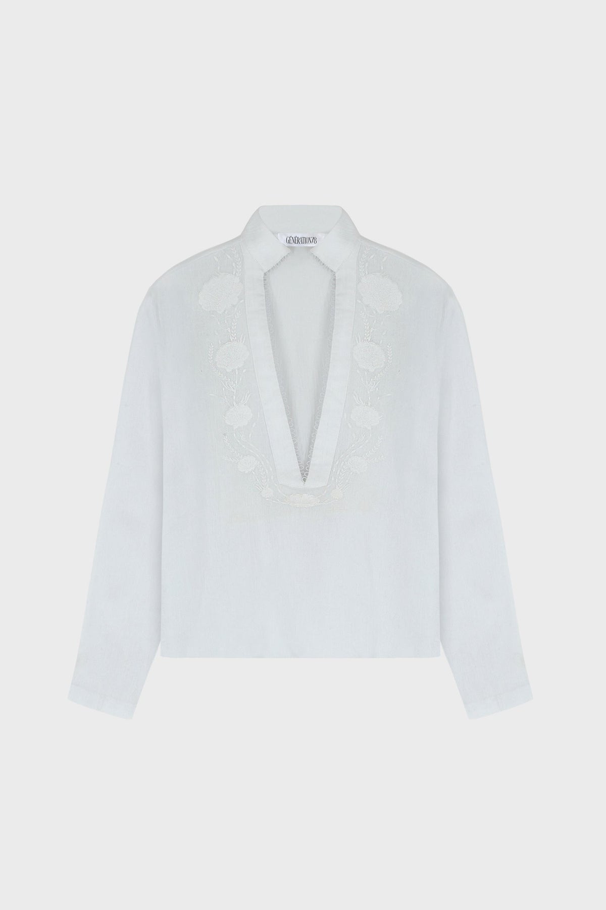 SEASHELL EMBROIDERED V-NECK SHIRT IN COTTON